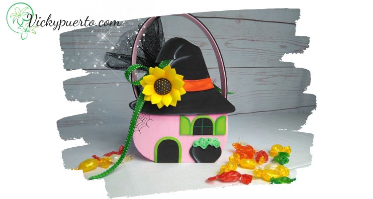 Bolsa casa rosa de la bruja para golosinas-dulcero halloween
